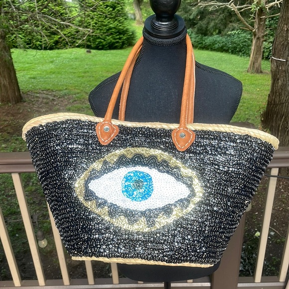 Handbags - NEW hand-woven sequin French market bag from Morocco - evil eye